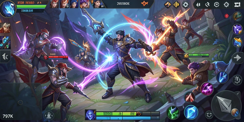 Screenshot gameplay intens dari 797K menunjukkan pertarungan MOBA yang seru.