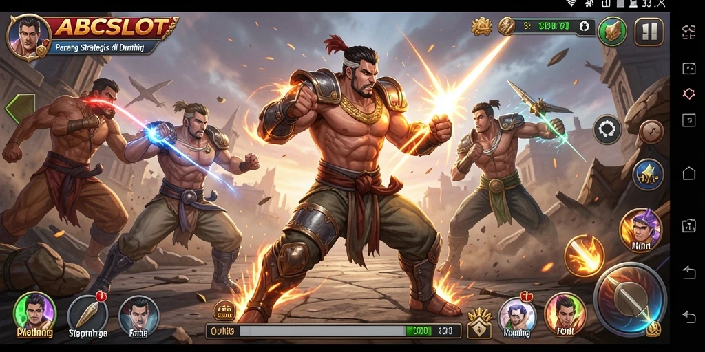 Tangkapan layar gameplay seru dari ABCSLOT yang menampilkan pertarungan karakter.