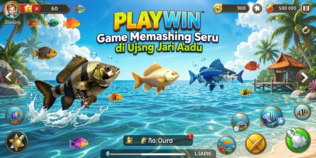 Screenshot utama PLAYWIN menunjukkan gameplay memancing yang mendebarkan dan interaktif.