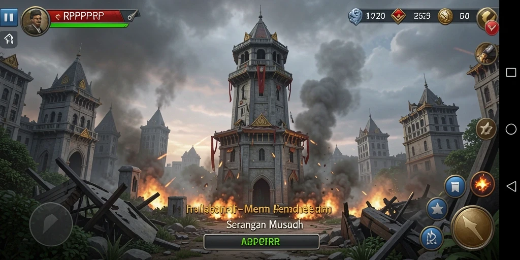 Gameplay RPRPRP menampilkan pertahankan menara dari serangan musuh.