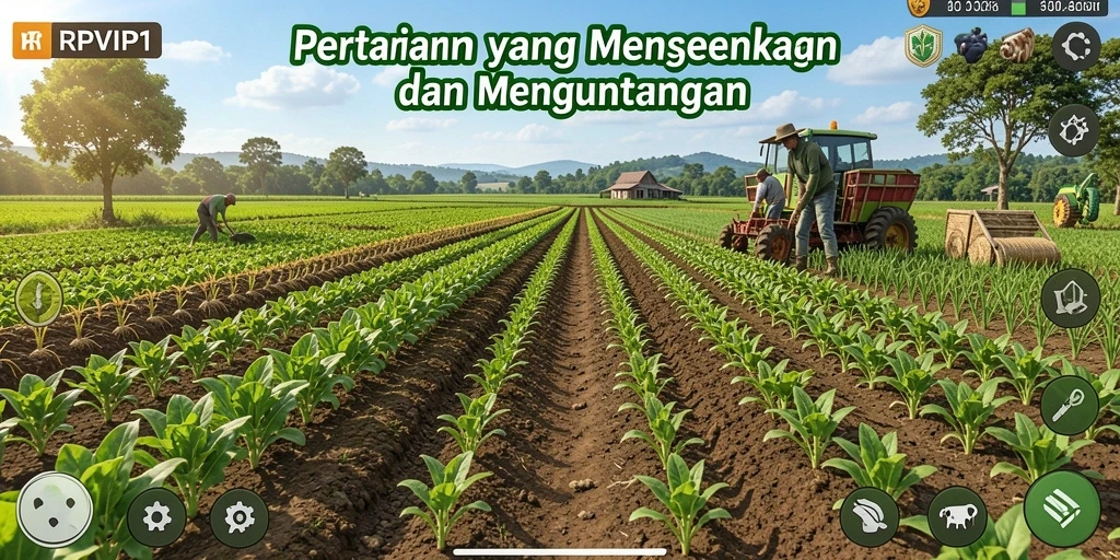 Screenshot gameplay RPVIP1 menampilkan ladang indah dan aktivitas bertani.