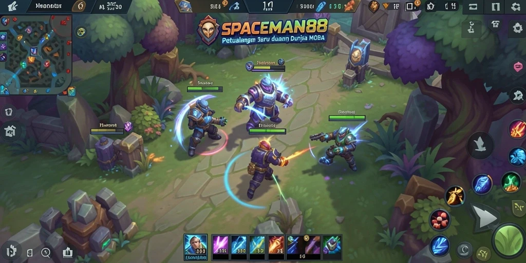 Screenshot SPACEMAN88 menunjukkan pertempuran seru di arena MOBA.