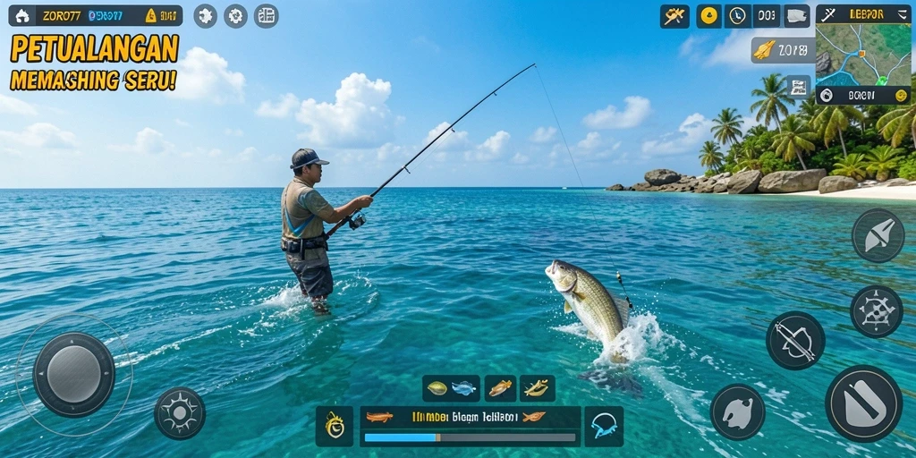 Screenshot gameplay ZORO77 menampilkan aksi memancing yang mendebarkan.